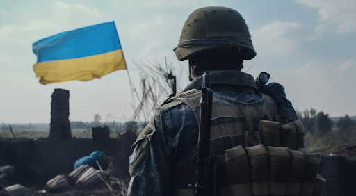 Украинский военный на фоне Государственного Флага